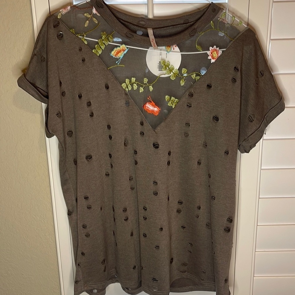 MY STORY-boutique top-sheer, embroidered and distressed size small NWT